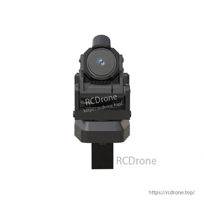 Close front view of camera lens installed in gimbal bracket