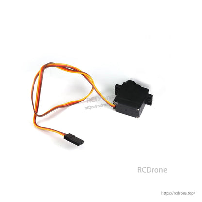 Rear view of 9g digital servo case showing mounting tabs and attached 3-wire lead