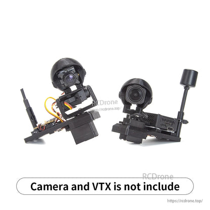 FPV camera mount bracket assembly shown with sample camera and VTX; camera/VTX not included