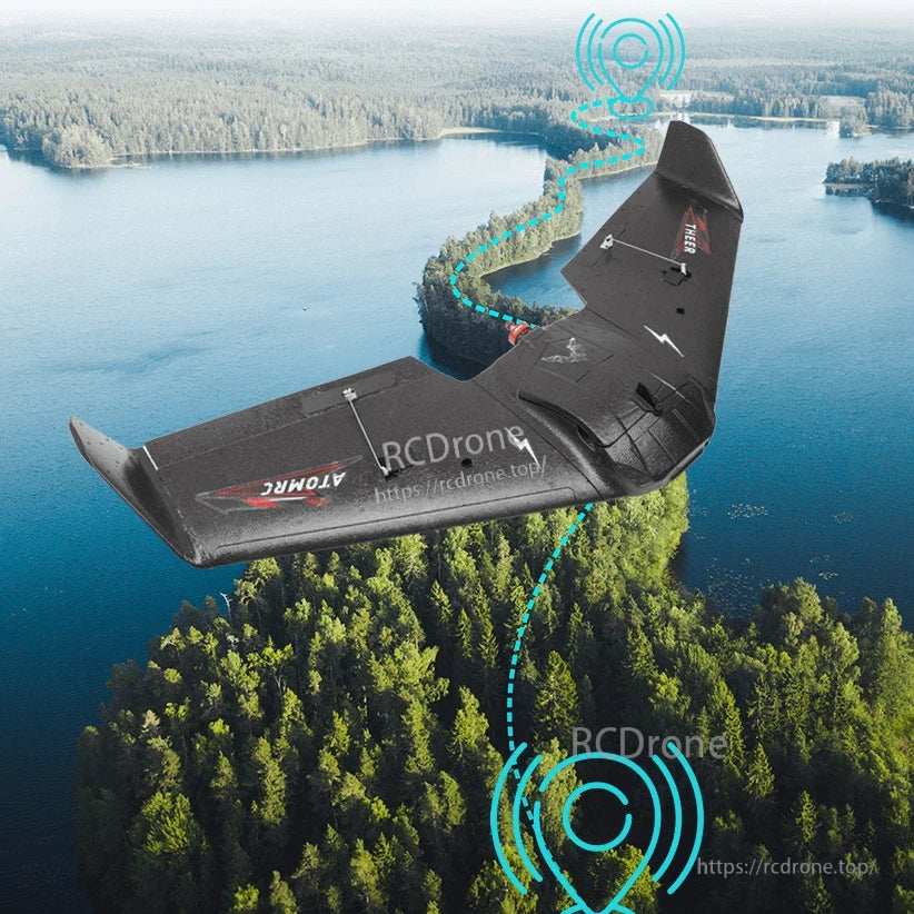 THEER Bat flying wing over landscape with illustrated route and location icons for navigation/INAV use