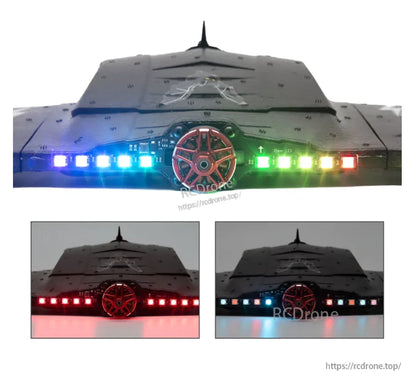 WS2812 RGB LED strip lighting on THEER Bat flying wing rear view, showing multiple color modes