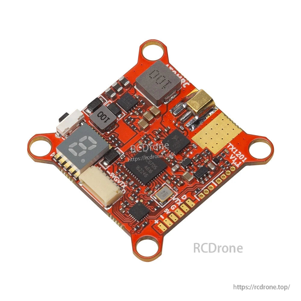 Angled perspective of TX1201 video transmitter board showing USB port, display and component height