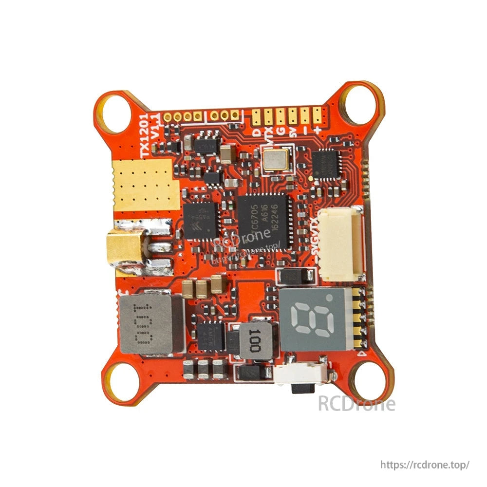 ATOMRC TX1201 5.8G 1.2W VTX board close-up showing solder pads, RF section and connector layout