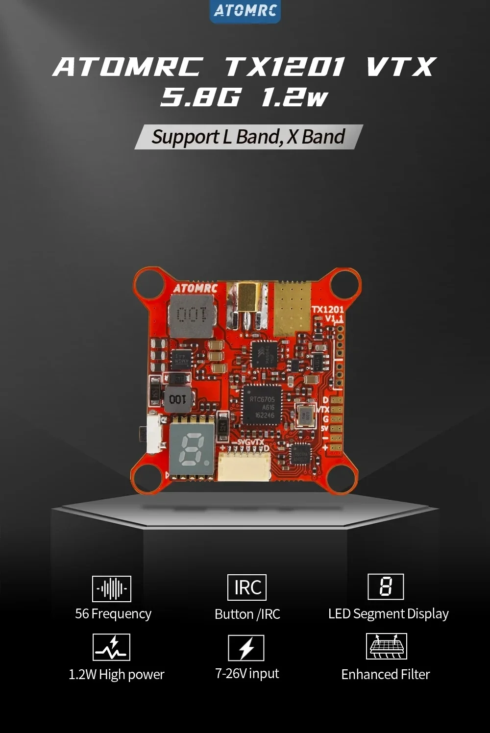 ATOMRC TX1201 5.8G 1.2W VTX overview, 56-channel FPV video transmitter with LED display and 7–26V input