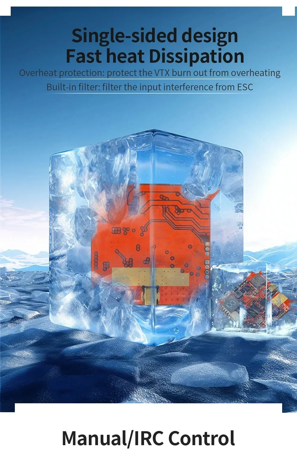 Single-sided ATOMRC TX1201 circuit board design graphic emphasizing faster heat dissipation and overheat protection
