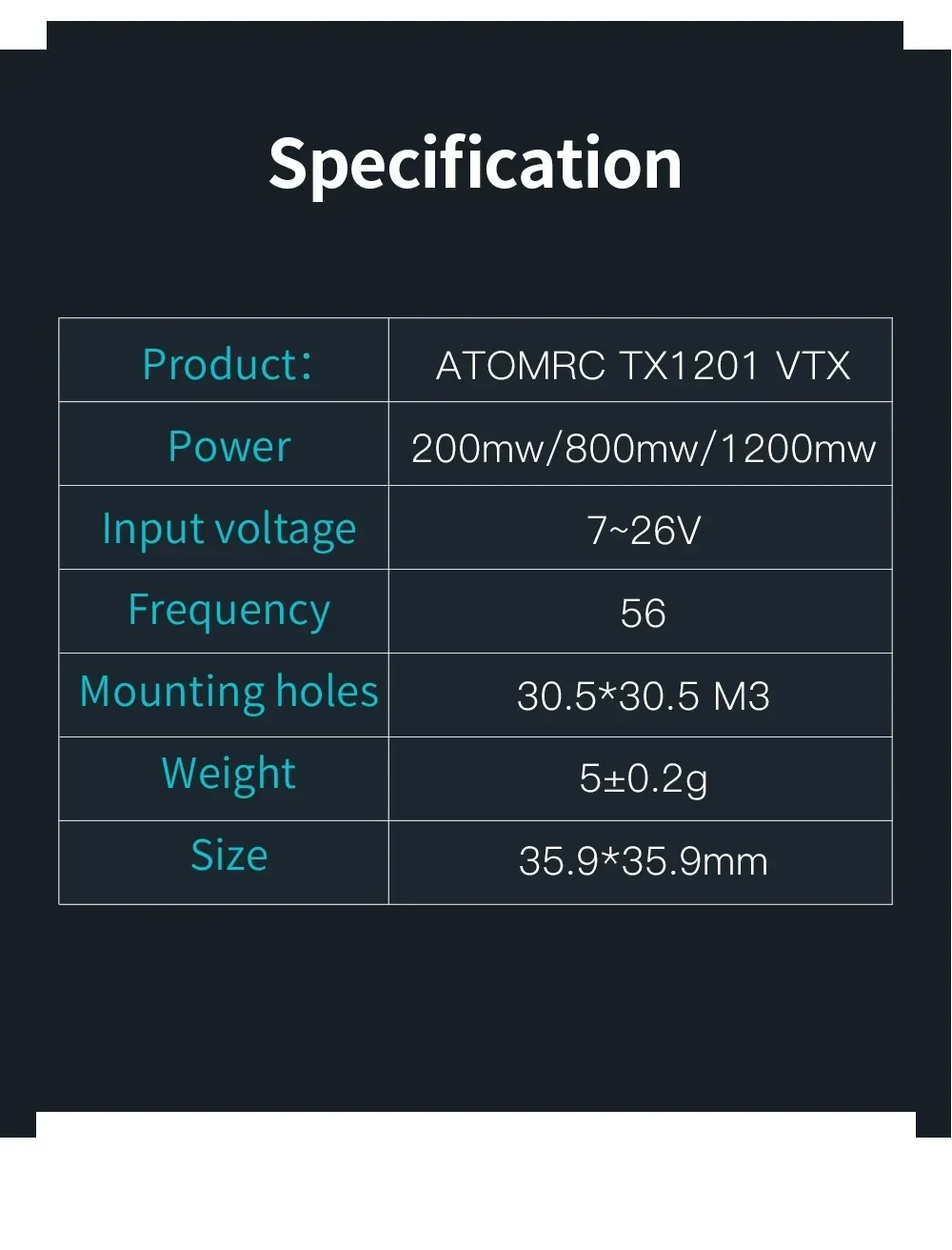 ATOMRC TX1201 VTX specification table with 200/800/1200mW power, 7–26V input, 30.5×30.5 M3 mounting