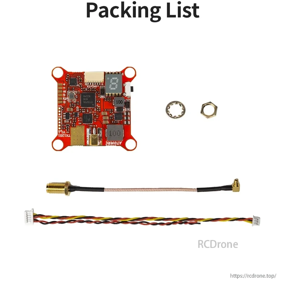 Packing list with TX1201 VTX board, RF pigtail cable, wire harness, and mounting hardware (nut and washer)