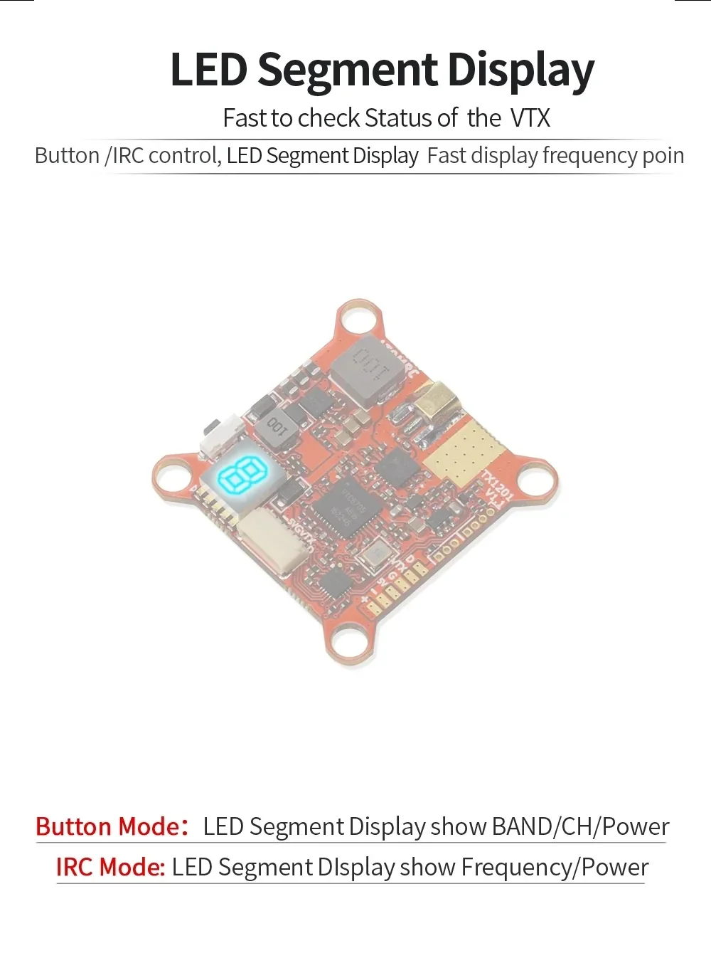 Close-up of ATOMRC TX1201 VTX board highlighting the LED segment display for band, channel, and power readout
