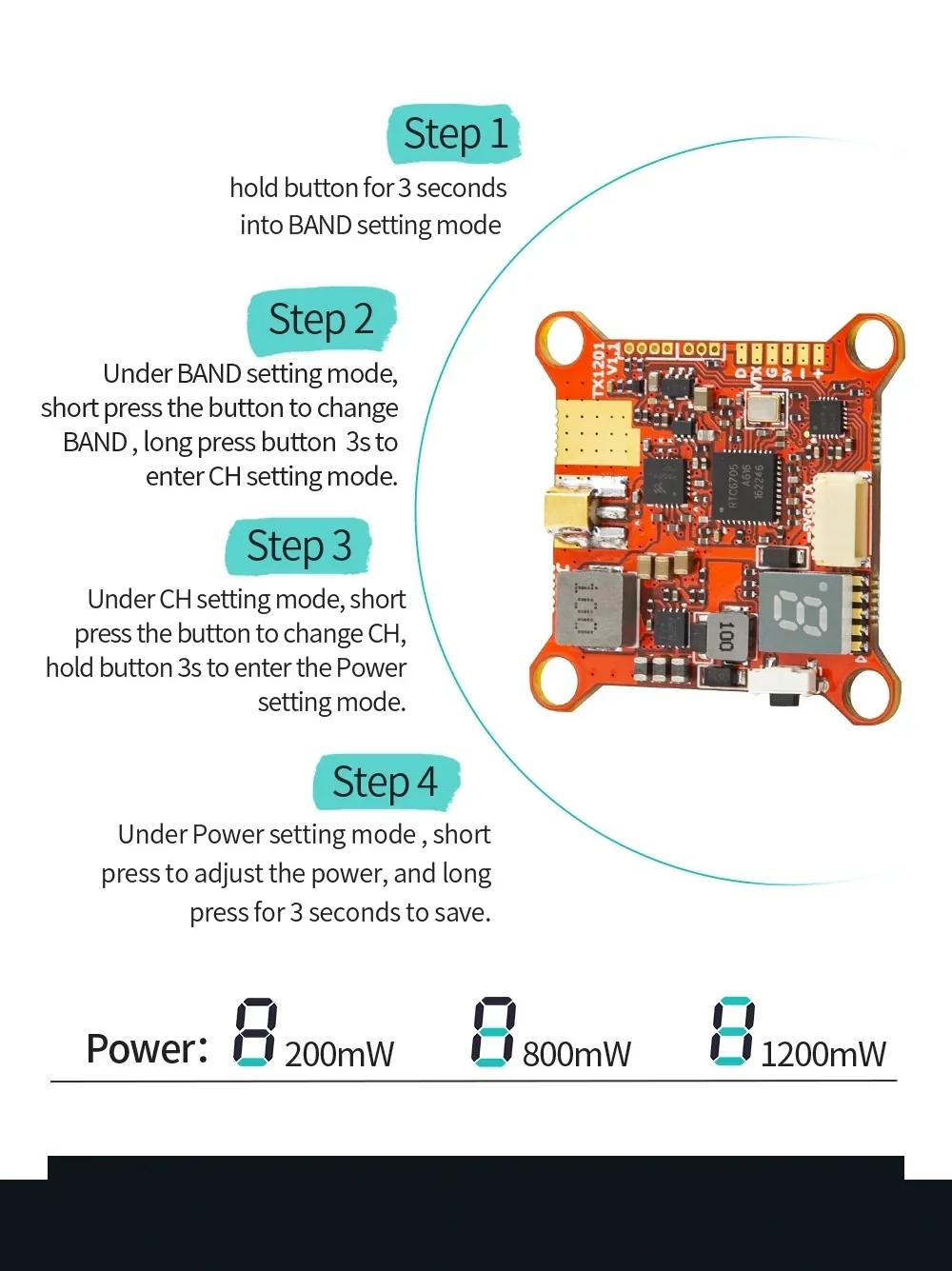 Button control steps for setting band, channel, and power on the TX1201 VTX (200mW, 800mW, 1200mW)