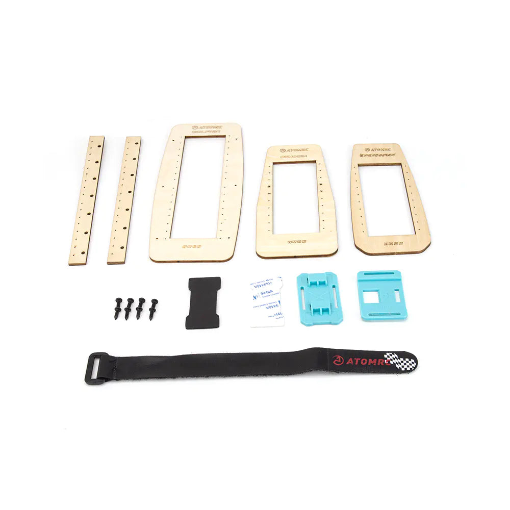 ATOMRC QR55 battery quick release board kit contents with ABS plates, screws, tape, blue mounts, strap