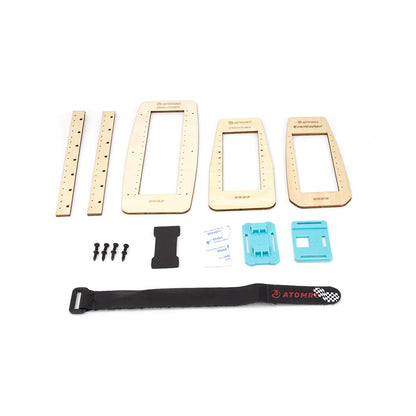ATOMRC QR55 battery quick release board kit contents with ABS plates, screws, tape, blue mounts, strap