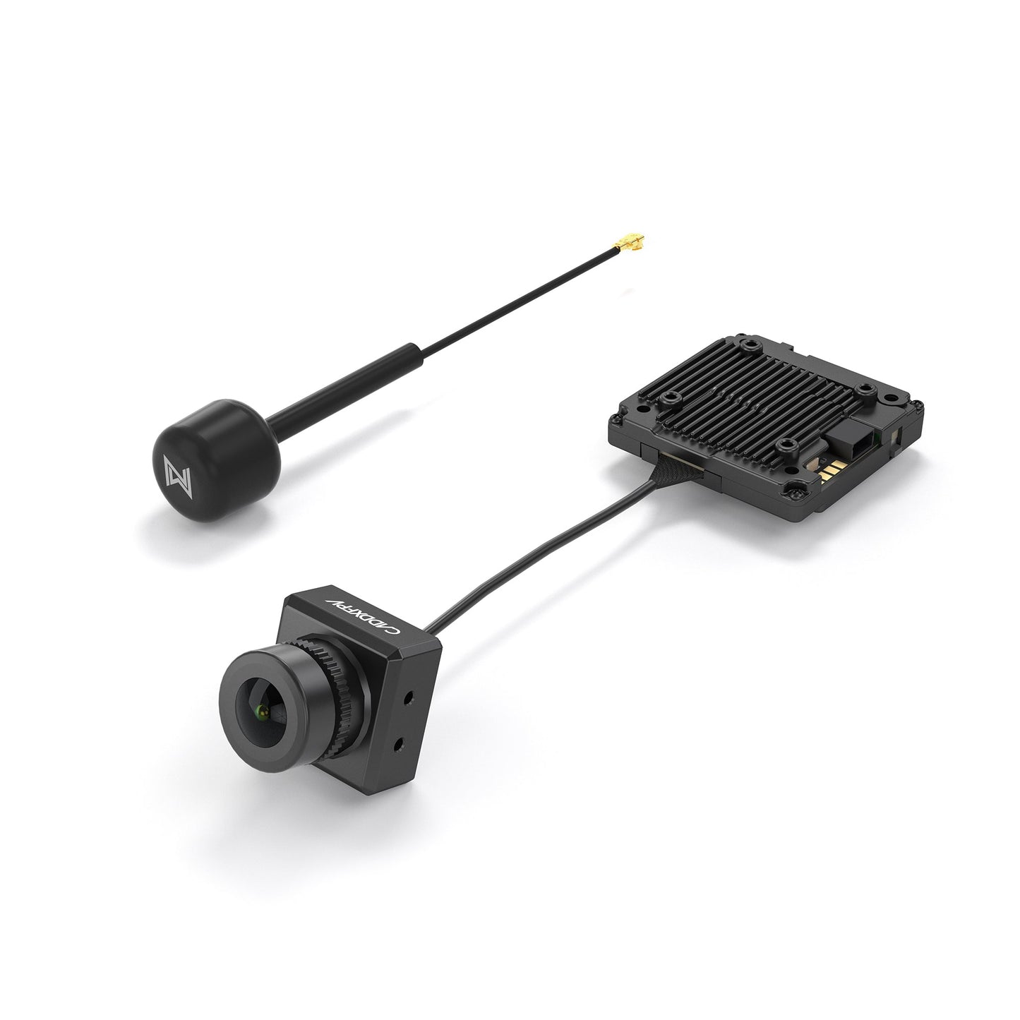 Angled view of Avatar V2 FPV camera wired to VTX module with included 5.8GHz antenna