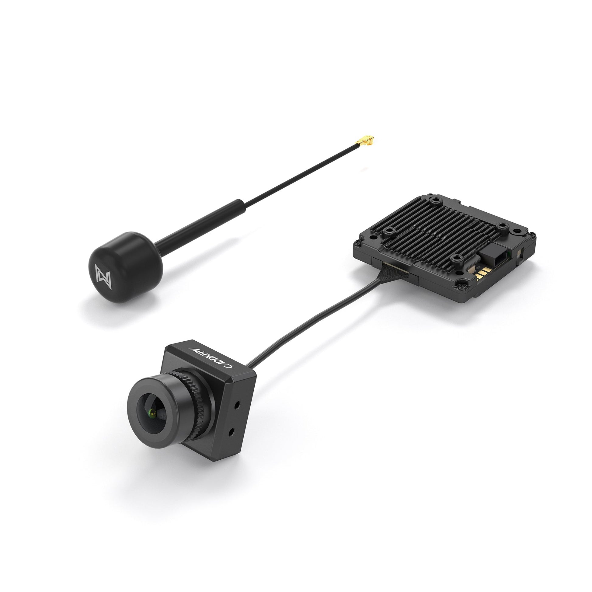 Angled view of Avatar V2 FPV camera wired to VTX module with included 5.8GHz antenna