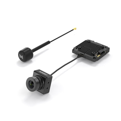 Angled view of Avatar V2 FPV camera wired to VTX module with included 5.8GHz antenna