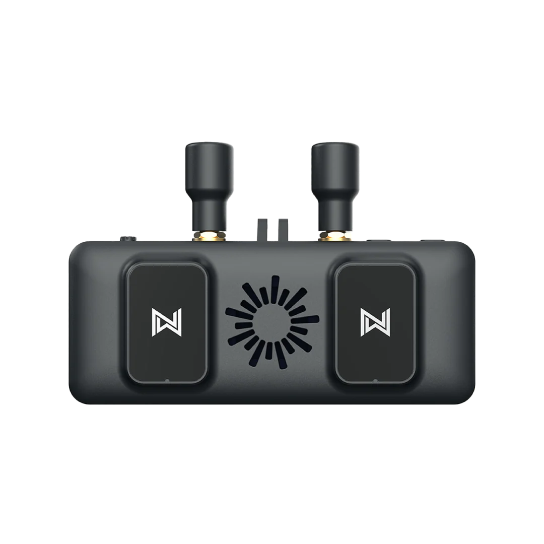 Walksnail Avatar FPV VRX video receiver, front/top view with dual antennas and two button panels