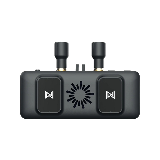 Walksnail Avatar FPV VRX video receiver, front/top view with dual antennas and two button panels