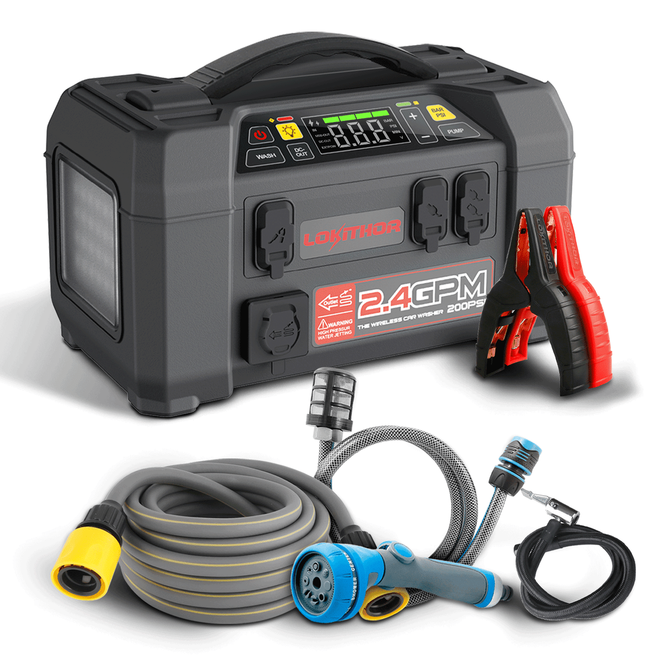 LOKITHOR AW401 portable jump starter and 200 PSI wireless car washer with clamps, hose and spray nozzle