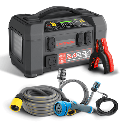 LOKITHOR AW401 portable jump starter and 200 PSI wireless car washer with clamps, hose and spray nozzle