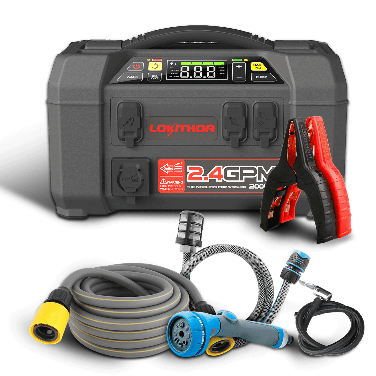 LOKITHOR AW401 portable jump starter and wireless car washer unit with digital display, jumper clamps, hose and spray nozzle