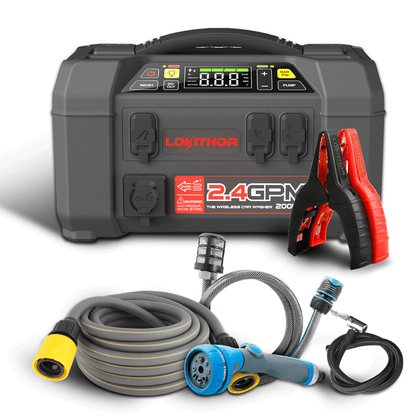 LOKITHOR AW401 portable jump starter and wireless car washer unit with digital display, jumper clamps, hose and spray nozzle