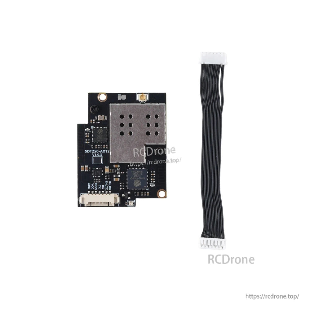 AX12 internal ExpressLRS RF module PCB with metal RF shield and included ribbon cable