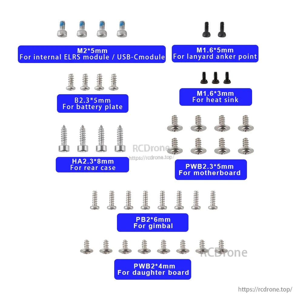 Labeled screw size guide showing M2, M1.6, B2.3, HA2.3, PB2 and PWB2 screws for AX12 parts