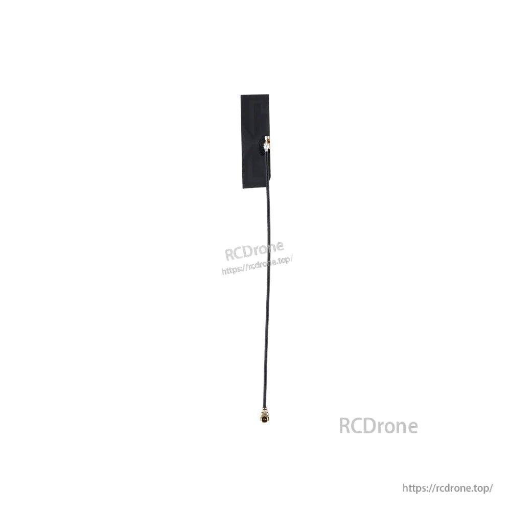 Rectangular adhesive patch antenna with coax lead and gold threaded RF connector, alternate view