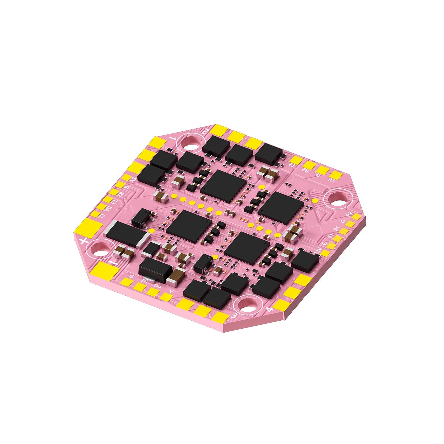 AXISFLYING H743 AIO 25A Flight Controller, AXISFLYING H743 AIO flight controller board with pink PCB, four mounting holes, and labeled solder pads