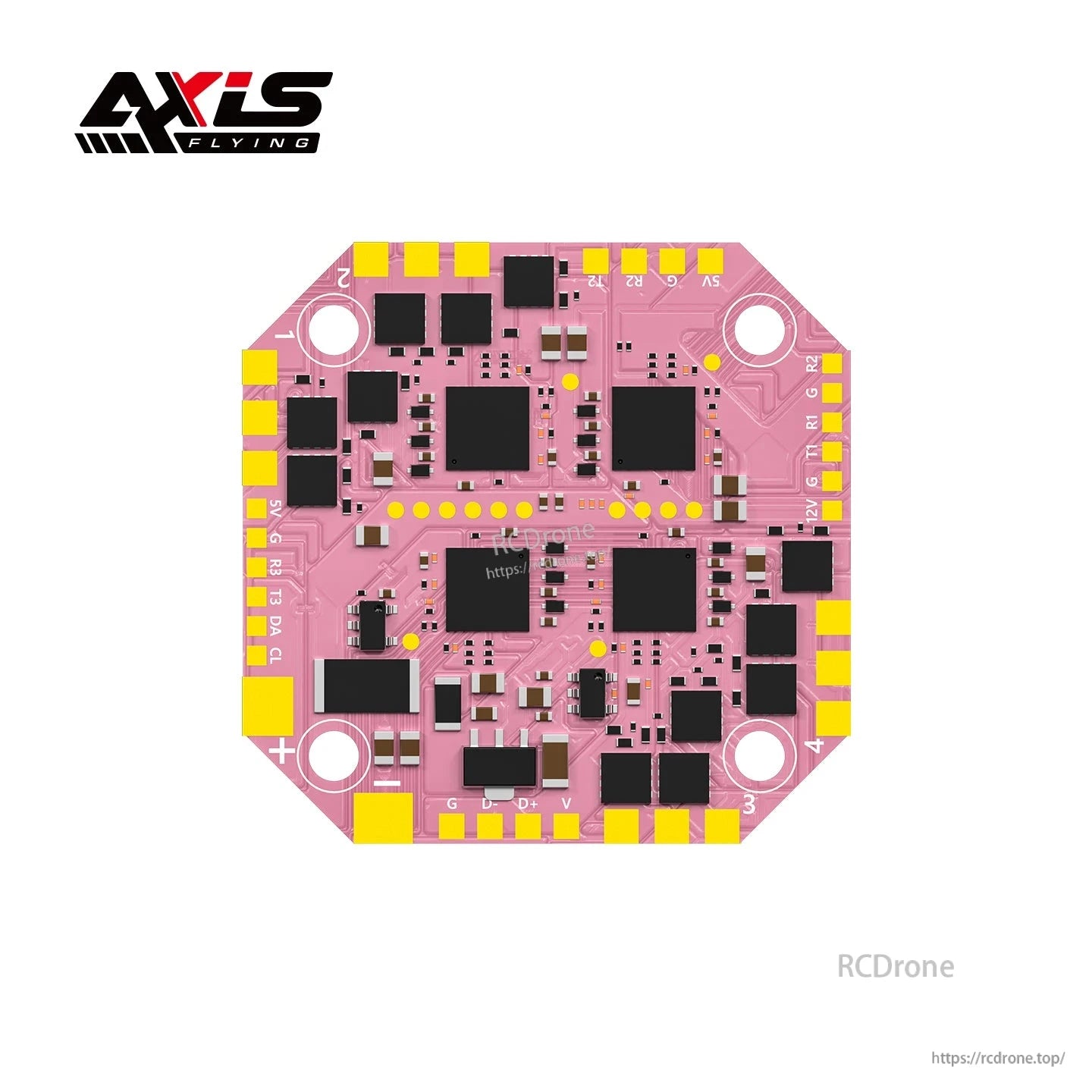 AXISFLYING H743 AIO 25A flight controller board with pink PCB, four mounting holes, and labeled solder pads