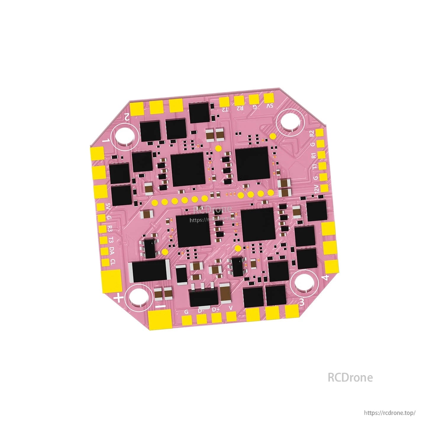 AXISFLYING H743 AIO 25A Flight Controller, AXISFLYING H743 AIO flight controller PCB with pink octagonal board, four mounting holes, and labeled solder pads