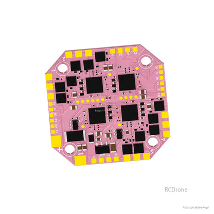 AXISFLYING H743 AIO 25A Flight Controller, AXISFLYING H743 AIO flight controller PCB with pink octagonal board, four mounting holes, and labeled solder pads