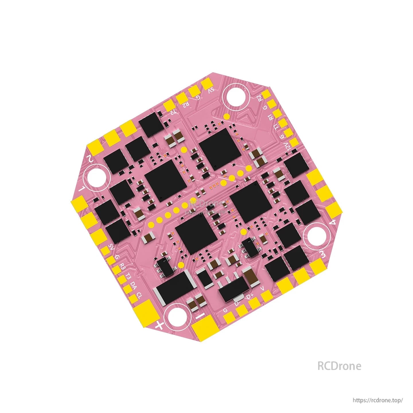 AXISFLYING H743 AIO 25A flight controller PCB with gold solder pads, labeled ports, and four mounting holes