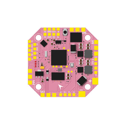 AXISFLYING H743 AIO 25A flight controller board with labeled solder pads, M1–M4 motor pads, and 5V/12V/VTX outputs