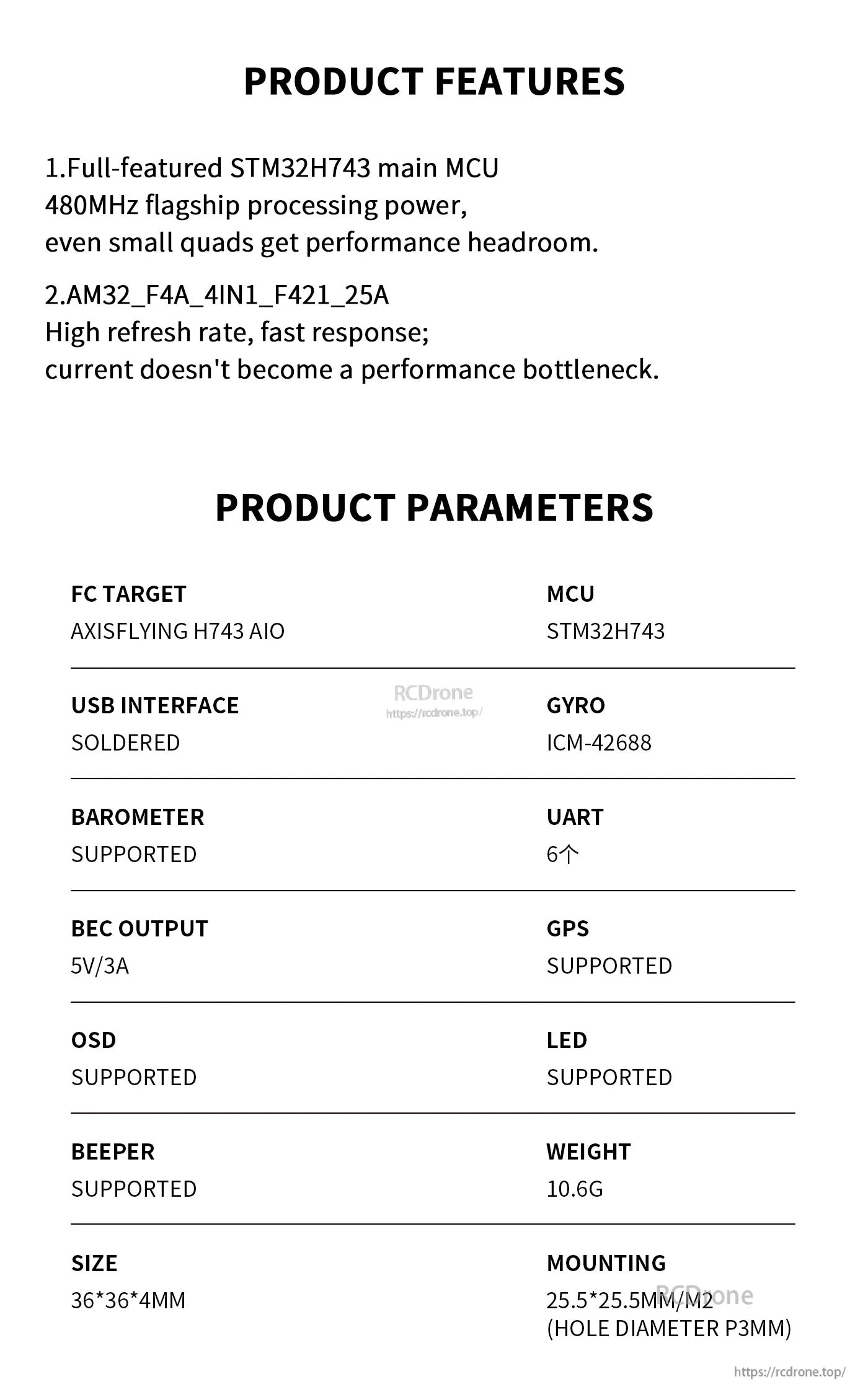 AXISFLYING H743 AIO 25A Flight Controller, AXISFLYING H743 AIO flight controller specs list showing STM32H743 MCU, ICM-42688 gyro, 5V/3A BEC and 25.5mm mounting