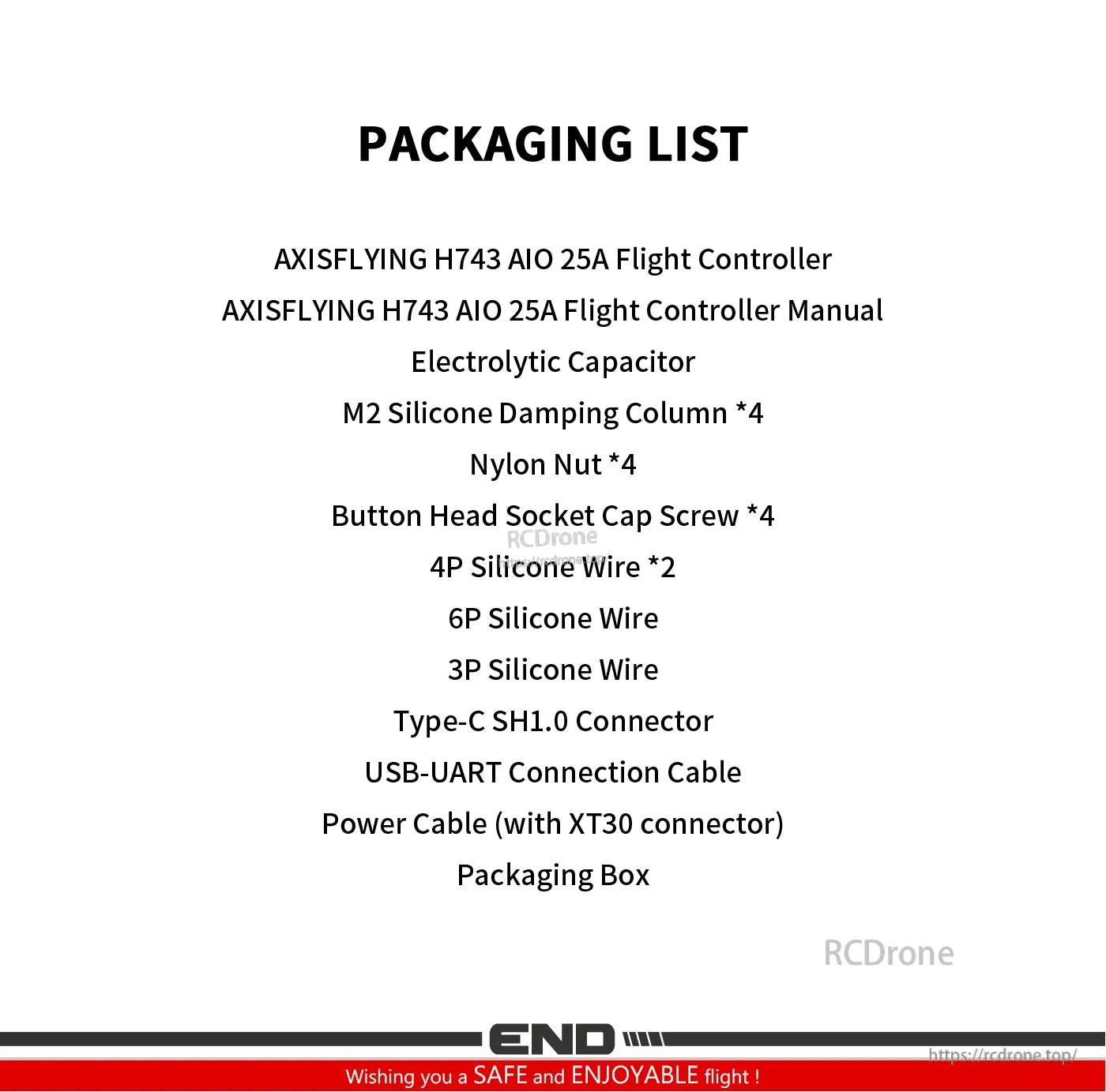 Packaging list for AXISFLYING H743 AIO 25A flight controller showing manual, capacitor, wires, XT30 power cable and accessories
