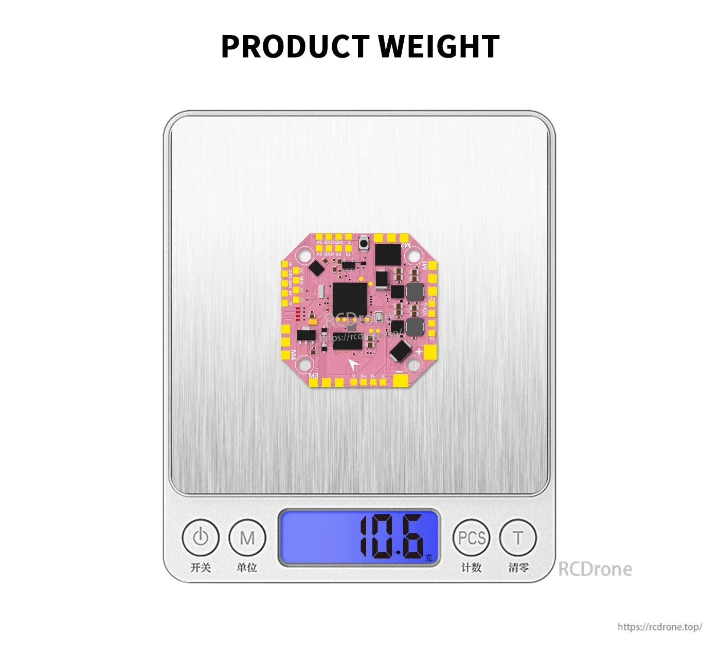 AXISFLYING H743 AIO 25A flight controller on a digital scale showing a 10.6 g weight