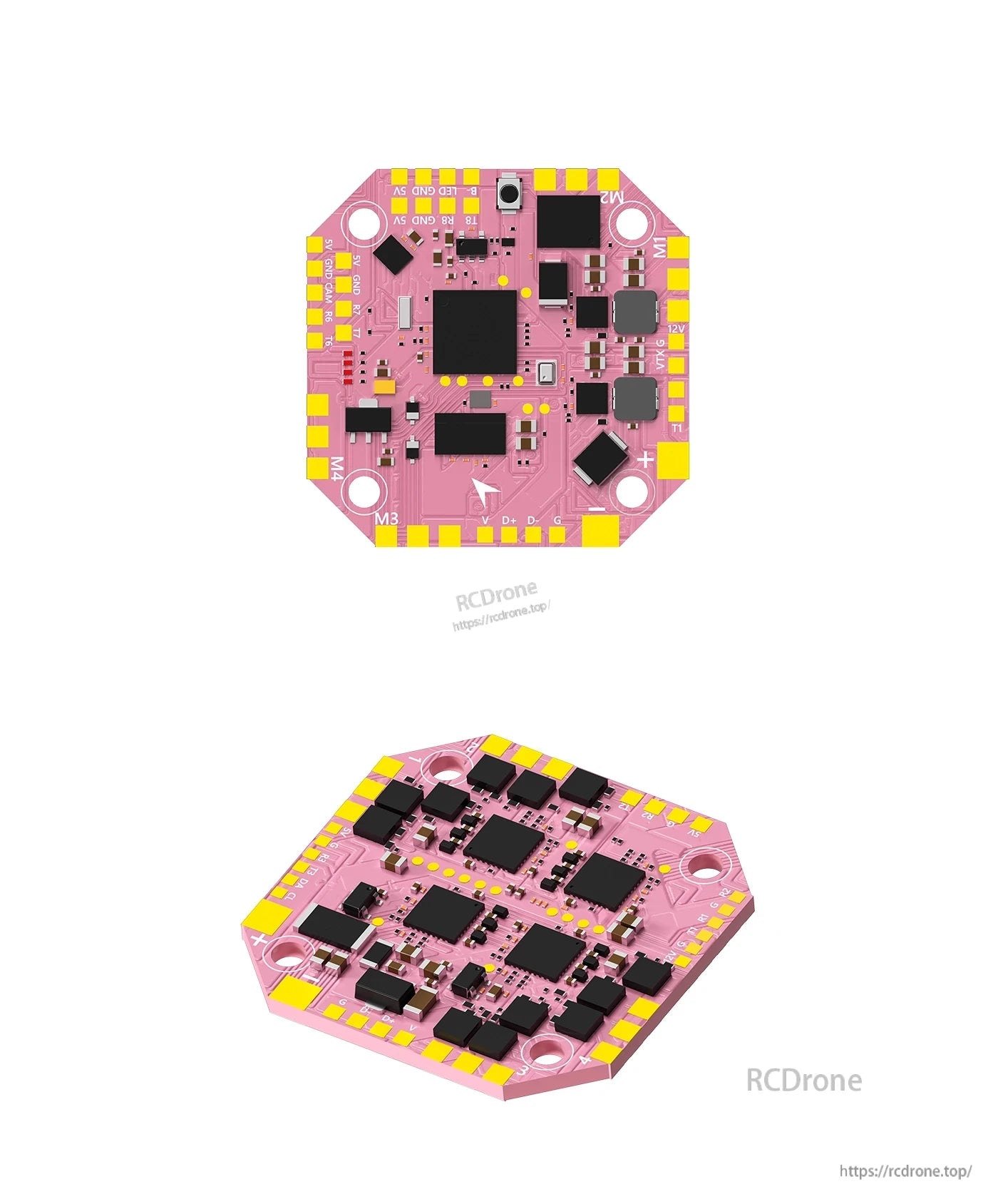 AXISFLYING H743 AIO 25A Flight Controller, AXISFLYING H743 AIO flight controller board with pink PCB, motor outputs M1–M4 and labeled solder pads