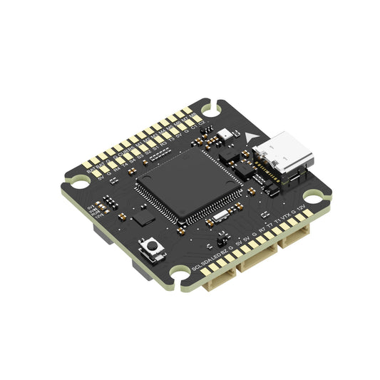 AXISFLYING H743 PRO flight controller board with USB-C port, labeled solder pads, and connector sockets