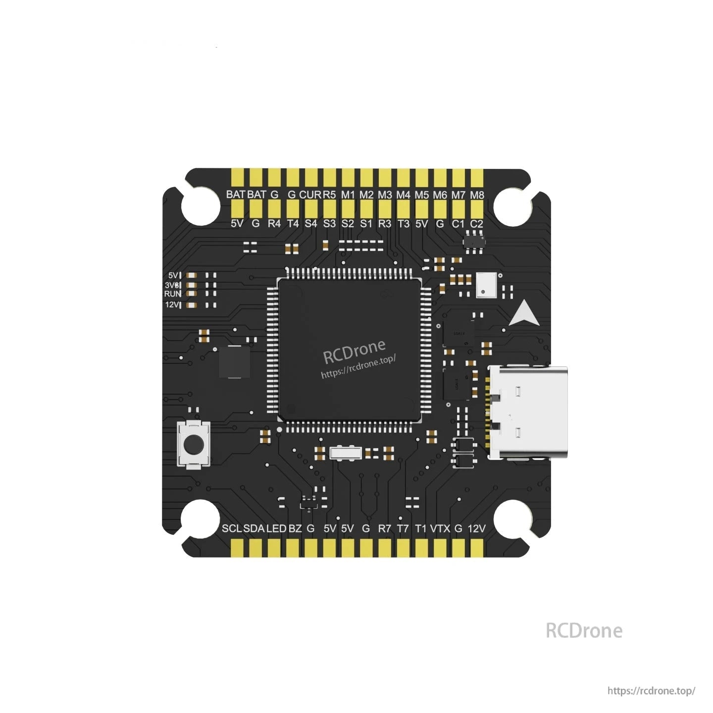 AXISFLYING H743 Pro flight controller board with USB-C port and clearly labeled solder pads for BAT, CURR and motors