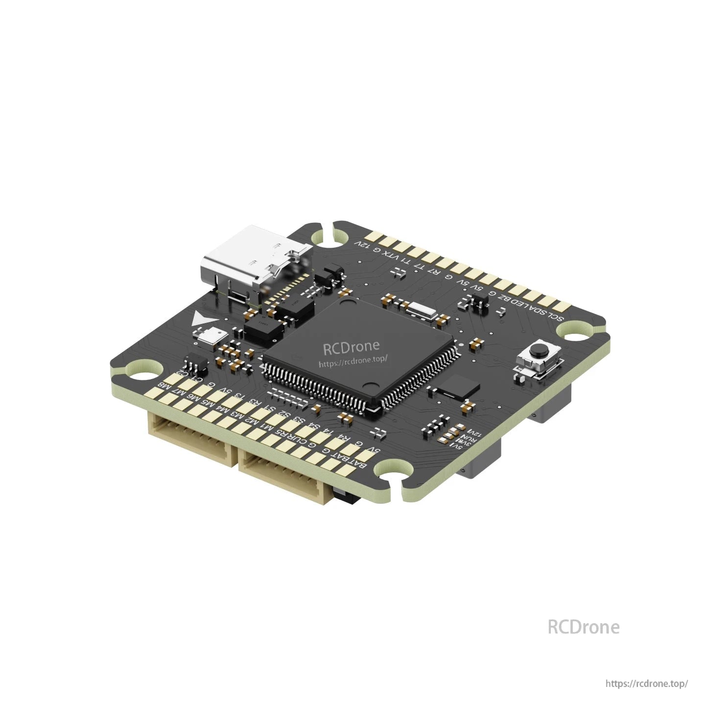 AXISFLYING H743 Pro flight controller board with USB-C port, JST connectors, and labeled solder pads