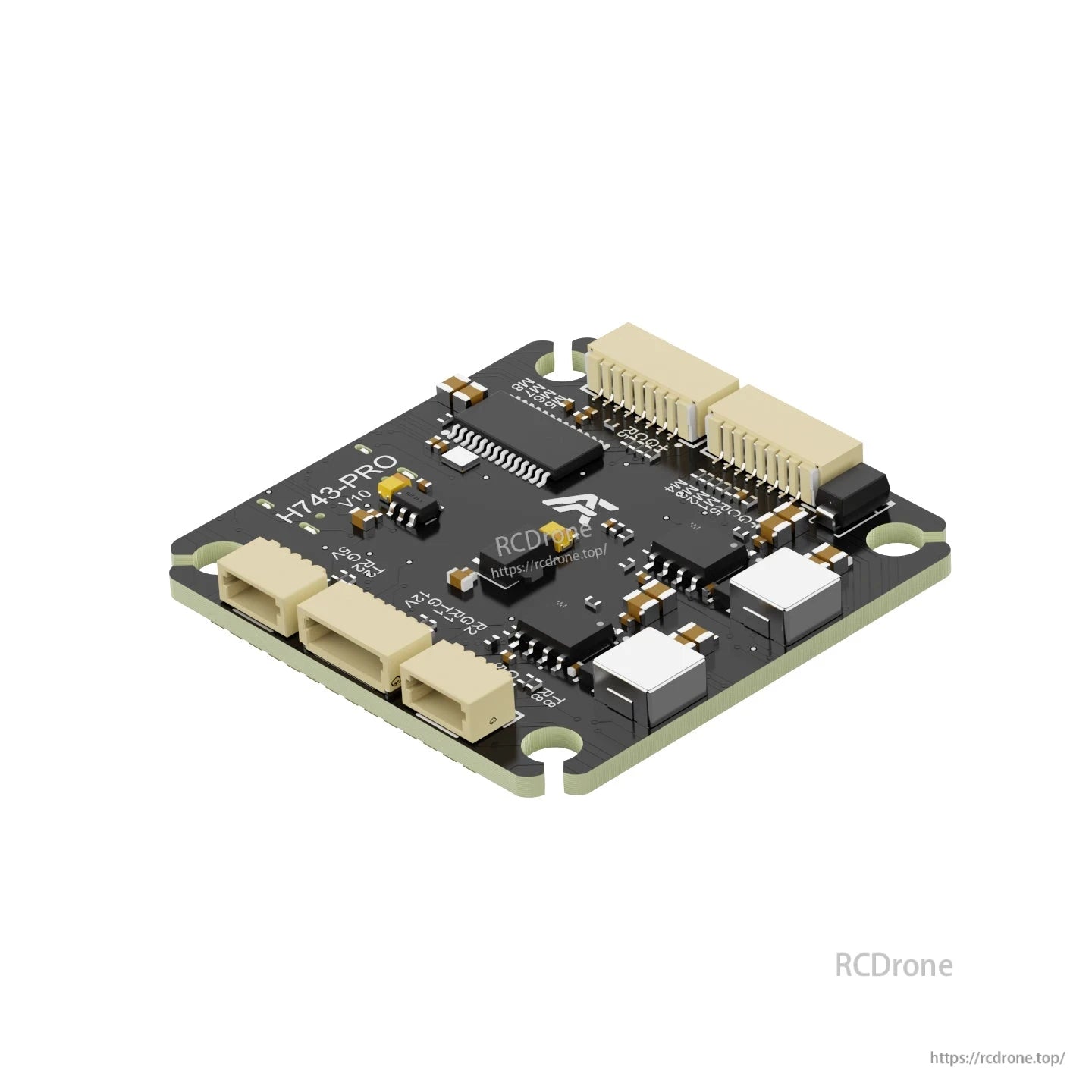 AXISFLYING H743 PRO flight controller board with multiple JST connectors, solder pads, and corner mounting holes