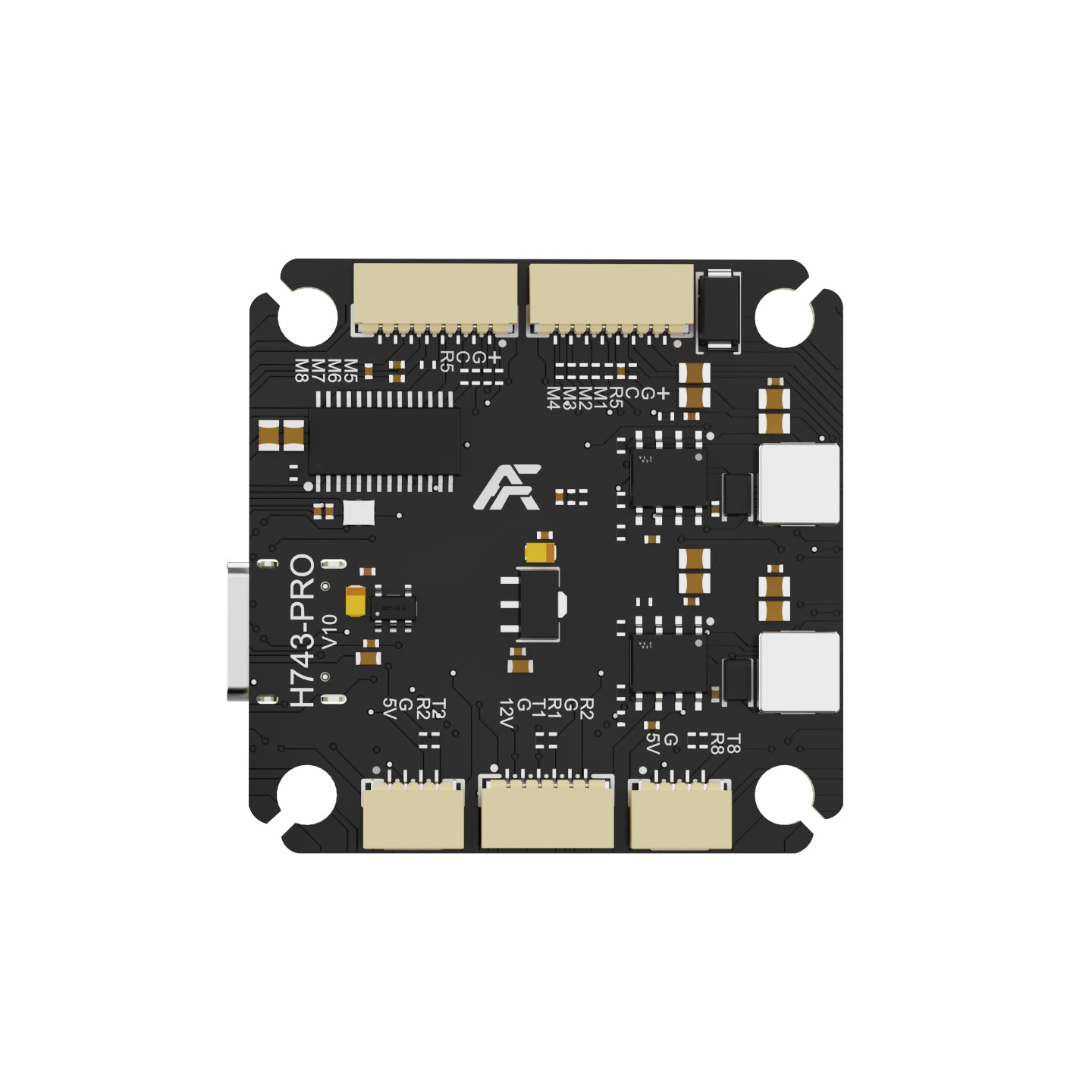 AXISFLYING H743 PRO Flight Controller, AXISFLYING H743-PRO V1.0 flight controller board with USB-C port, JST connectors, and labeled pads for M1–M8, 5V and 12V