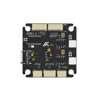 AXISFLYING H743 PRO Flight Controller, AXISFLYING H743-PRO V1.0 flight controller board with USB-C port, JST connectors, and labeled pads for M1–M8, 5V and 12V