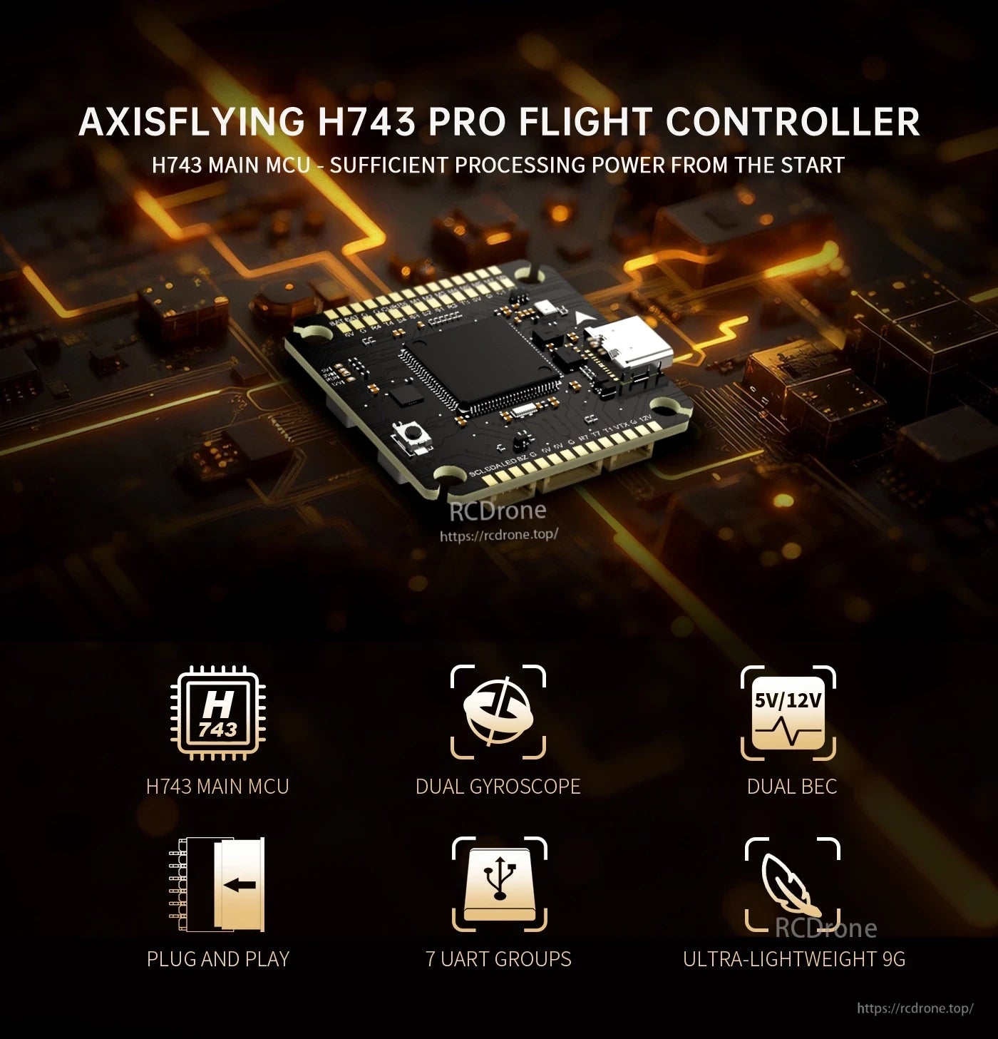 AXISFLYING H743 PRO flight controller board with H743 MCU, dual gyro, 5V/12V dual BEC and 7 UART groups