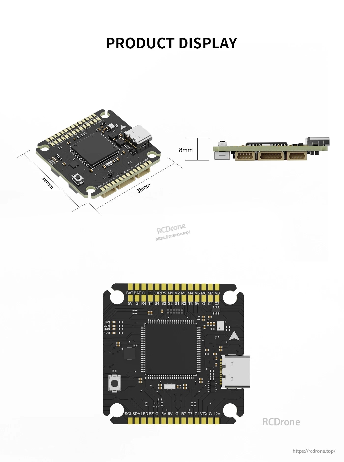 AXISFLYING H743 PRO flight controller board, 38×38mm with USB-C port, labeled solder pads, 8mm profile