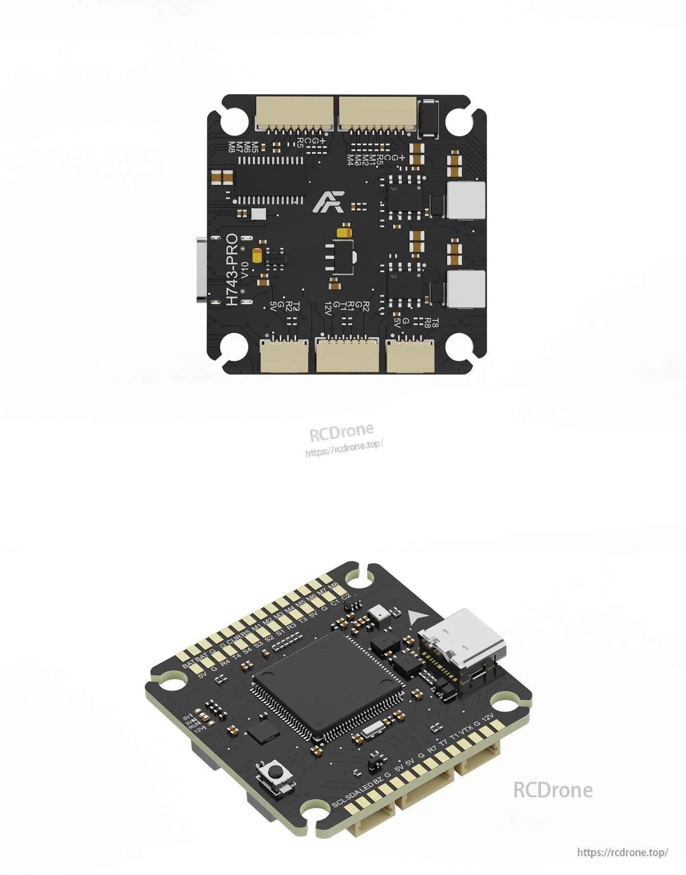 AXISFLYING H743 Pro flight controller board with USB-C port, JST plug headers, and 4 mounting holes
