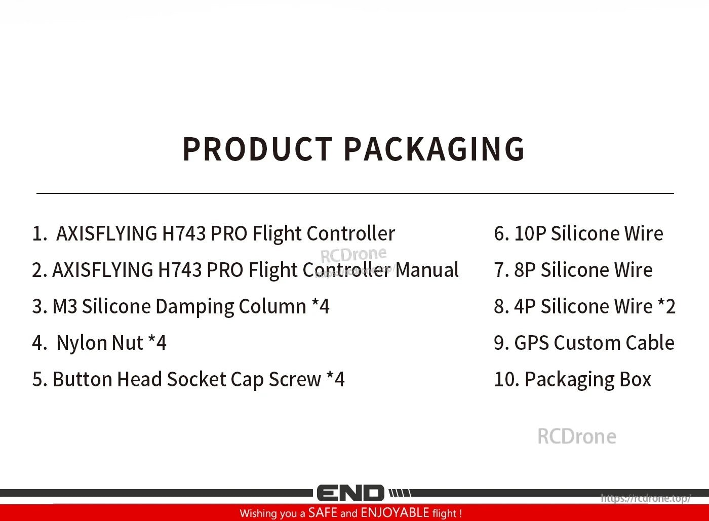 AXISFLYING H743 PRO flight controller package contents list with manual, wires, hardware, GPS cable and box