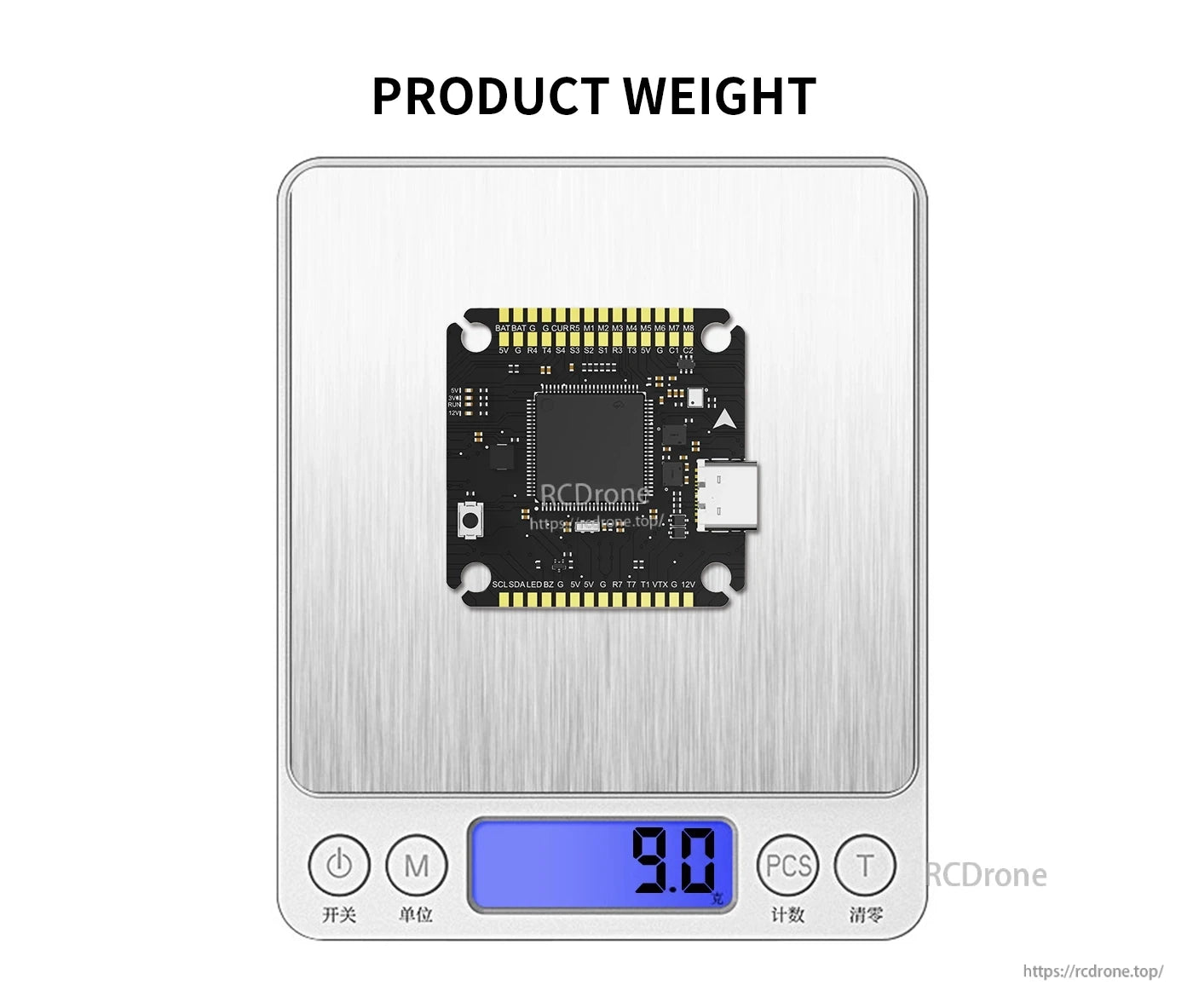 AXISFLYING H743 PRO flight controller on a digital scale showing 9.0 g weight, with USB port and solder pads
