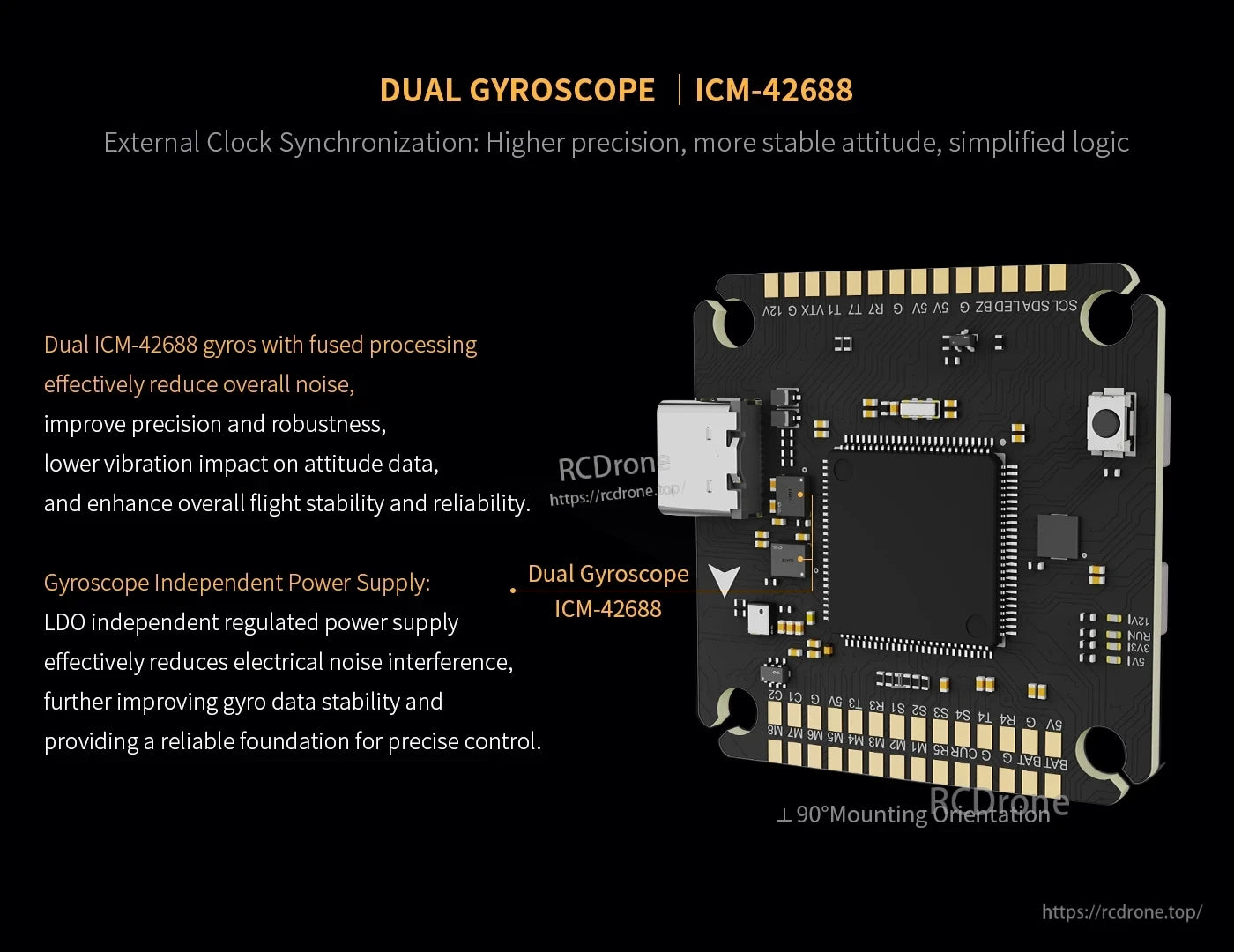 AXISFLYING H743 PRO flight controller board with USB port, button, and dual ICM-42688 gyroscope callout