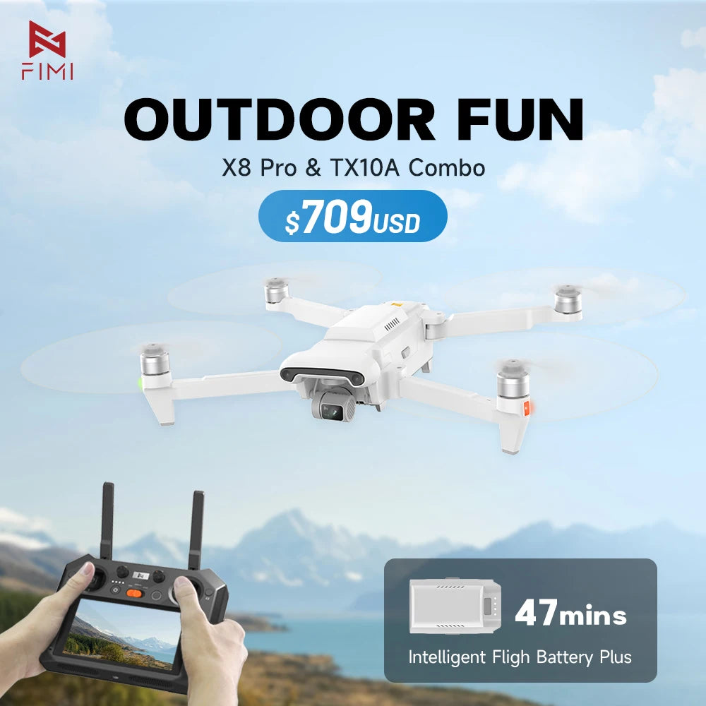 FIMI X8 Pro Camera Drone, Fimi X8 Pro drone with obstacle sensing, intelligent battery, and 47-minute flight time for $709.